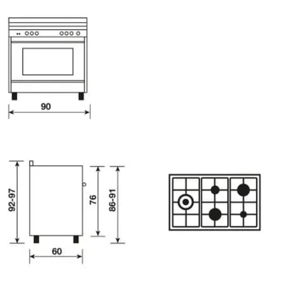 CUISINIERE GLEM GAZ SPECIALISTA 90*60CM INOX 5 FEUX/ GRILLE EN FONTE FFD / FOUR GAZ/GAZ - ST9612RI FS