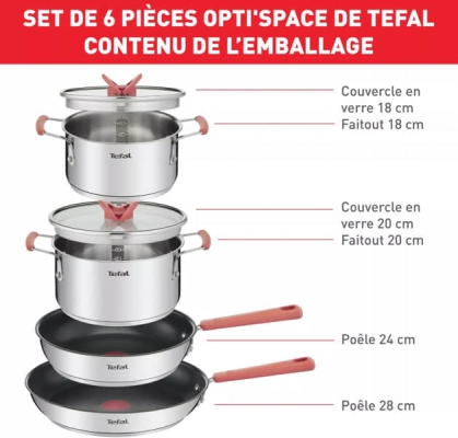 Batterie de cuisine Tefal 6 pièces Faitouts 18/20 cm inox, Poêles 24/28 cm avec revêtement G720S604 - G720S604