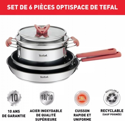 Batterie de cuisine Tefal 6 pièces Faitouts 18/20 cm inox, Poêles 24/28 cm avec revêtement G720S604 - G720S604